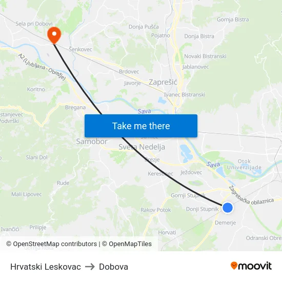 Hrvatski Leskovac to Dobova map