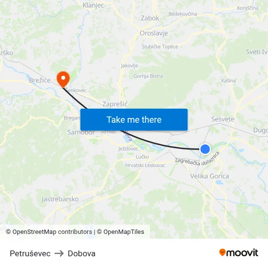 Petruševec to Dobova map