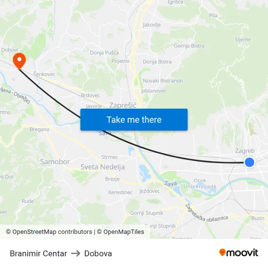 Branimir Centar to Dobova map