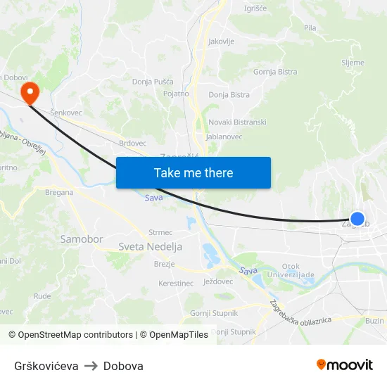 Grškovićeva to Dobova map