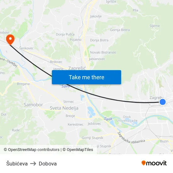 Šubićeva to Dobova map