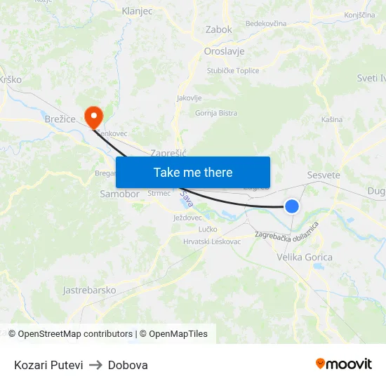 Kozari Putevi to Dobova map