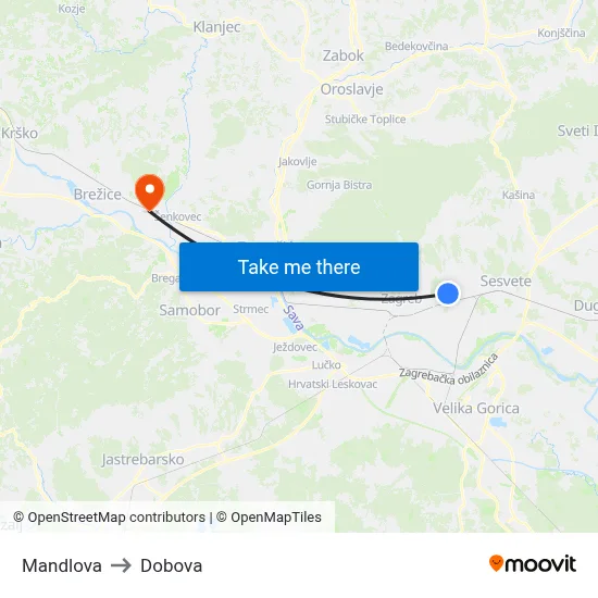 Mandlova to Dobova map
