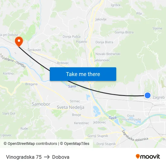 Vinogradska 75 to Dobova map