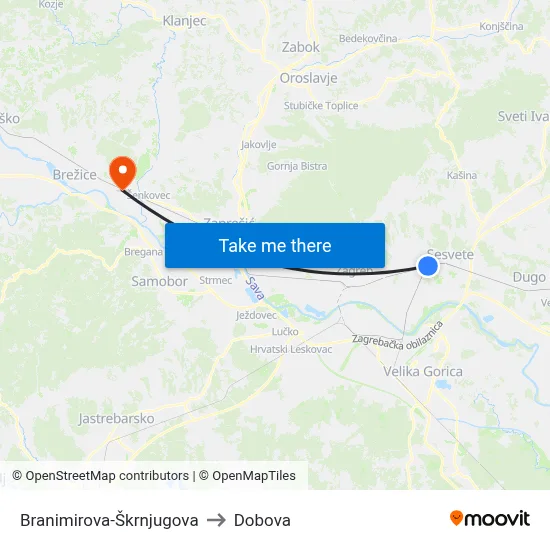 Branimirova-Škrnjugova to Dobova map