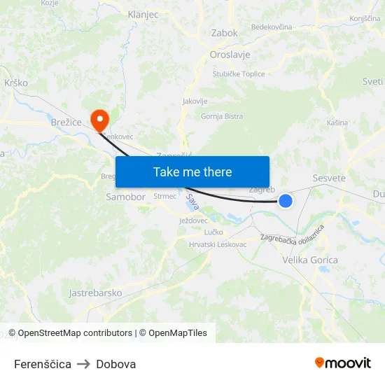 Ferenščica to Dobova map