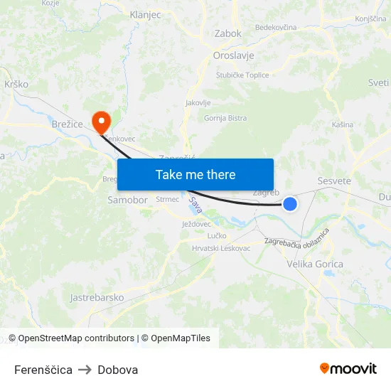 Ferenščica to Dobova map