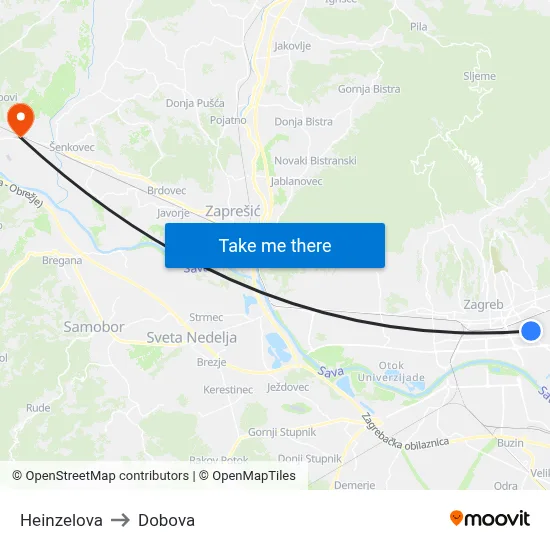 Heinzelova to Dobova map