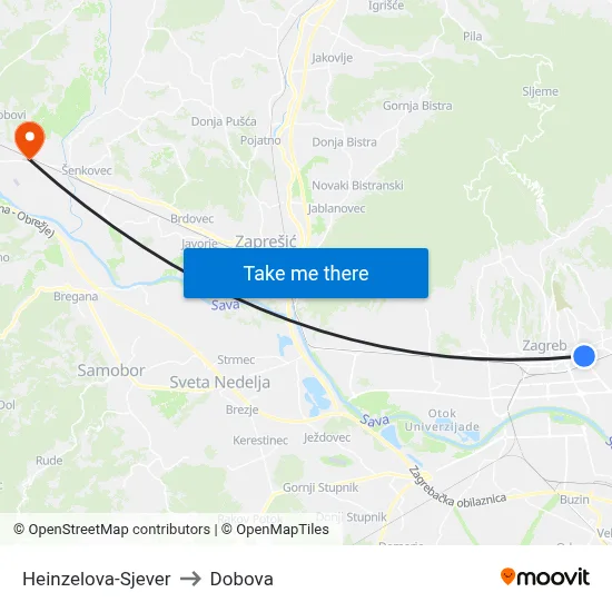Heinzelova-Sjever to Dobova map