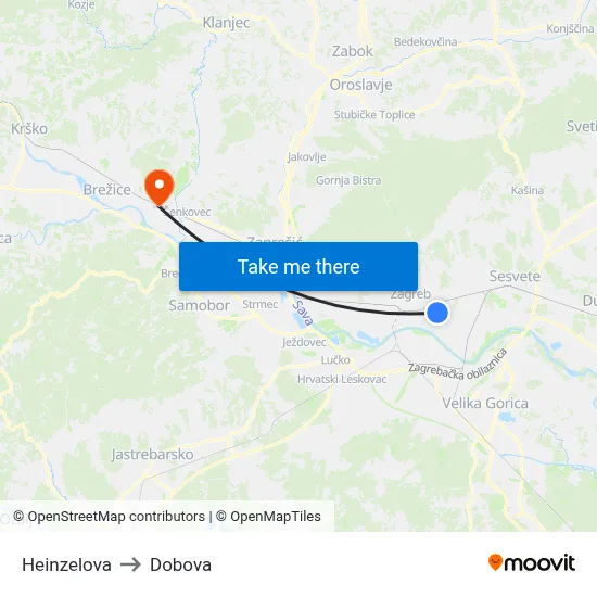 Heinzelova to Dobova map
