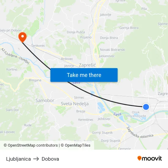 Ljubljanica to Dobova map