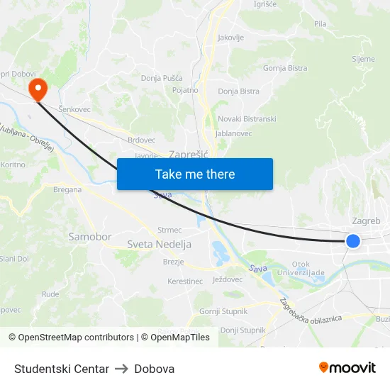 Studentski Centar to Dobova map
