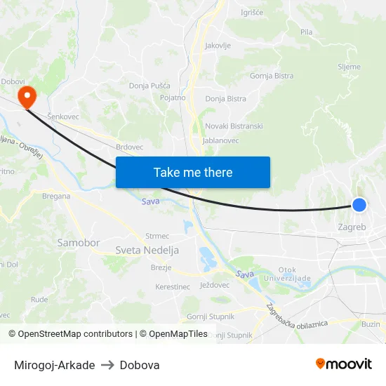Mirogoj-Arkade to Dobova map