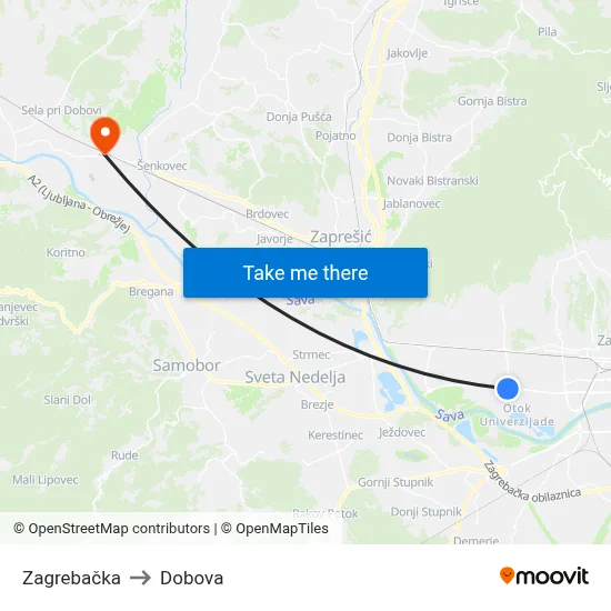 Zagrebačka to Dobova map