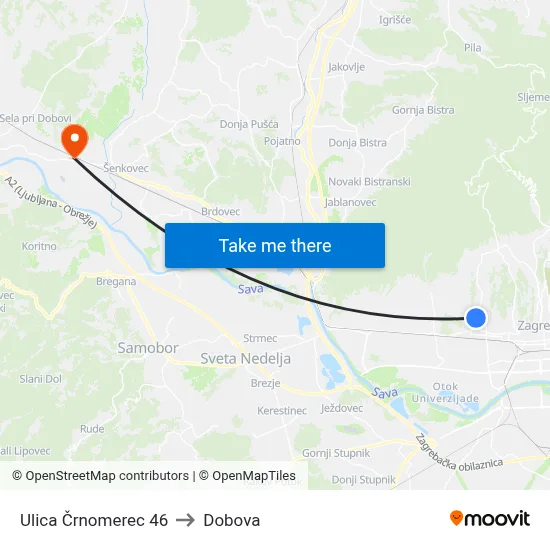Ulica Črnomerec 46 to Dobova map