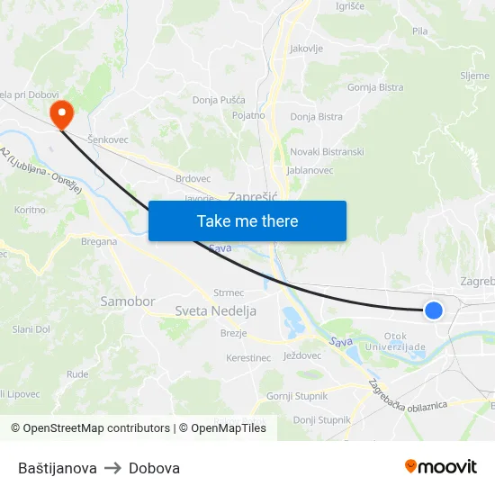 Baštijanova to Dobova map