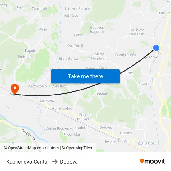 Kupljenovo-Centar to Dobova map