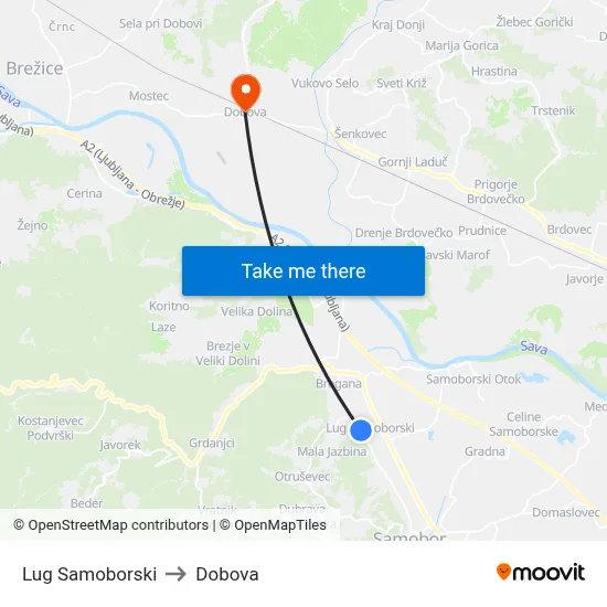 Lug Samoborski to Dobova map