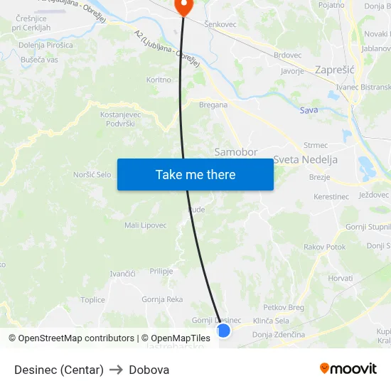 Desinec (Centar) to Dobova map