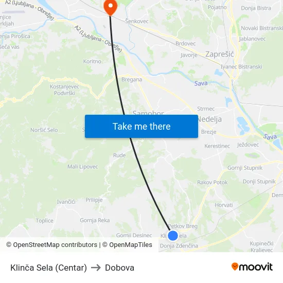 Klinča Sela (Centar) to Dobova map