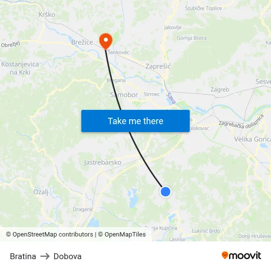 Bratina to Dobova map