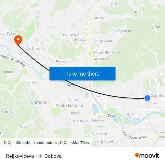 Reljkovićeva to Dobova map