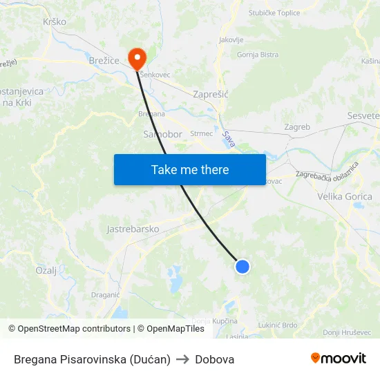 Bregana Pisarovinska (Dućan) to Dobova map