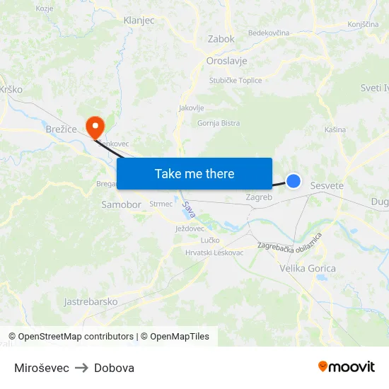Miroševec to Dobova map