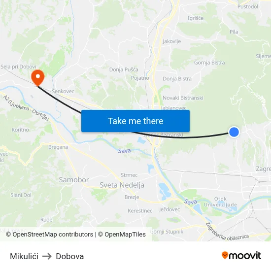 Mikulići to Dobova map