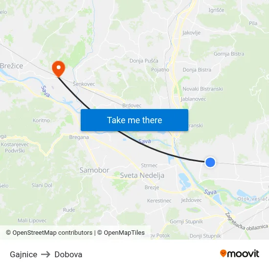 Gajnice to Dobova map