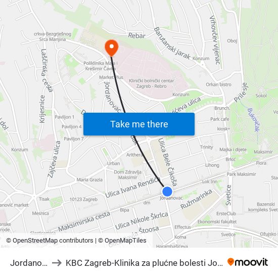 Jordanovac to KBC Zagreb-Klinika za plućne bolesti Jordanovac map