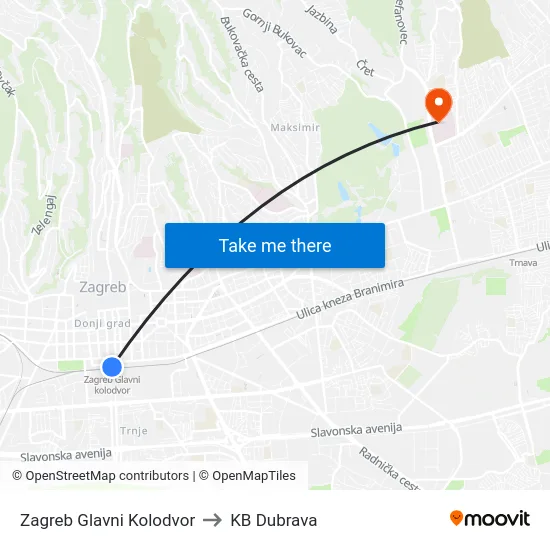 Zagreb Glavni Kolodvor to KB Dubrava map