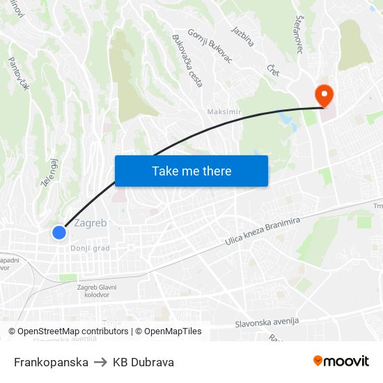 Frankopanska to KB Dubrava map