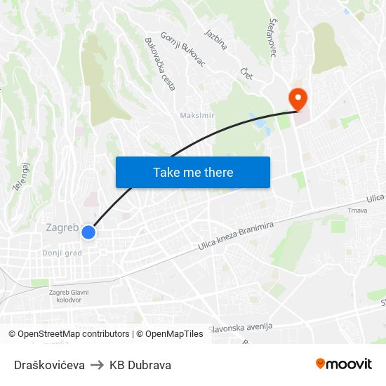 Draškovićeva to KB Dubrava map