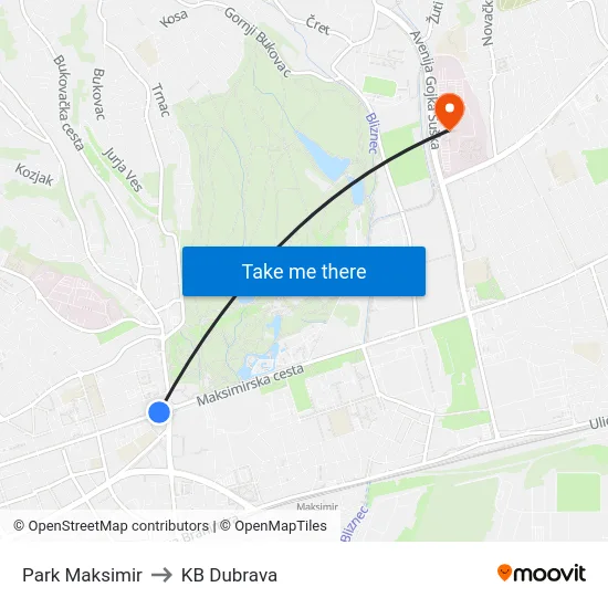 Park Maksimir to KB Dubrava map