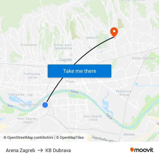 Arena Zagreb to KB Dubrava map