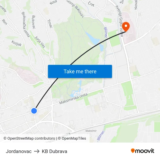 Jordanovac to KB Dubrava map