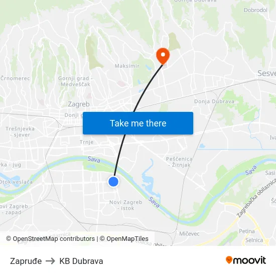 Zapruđe to KB Dubrava map