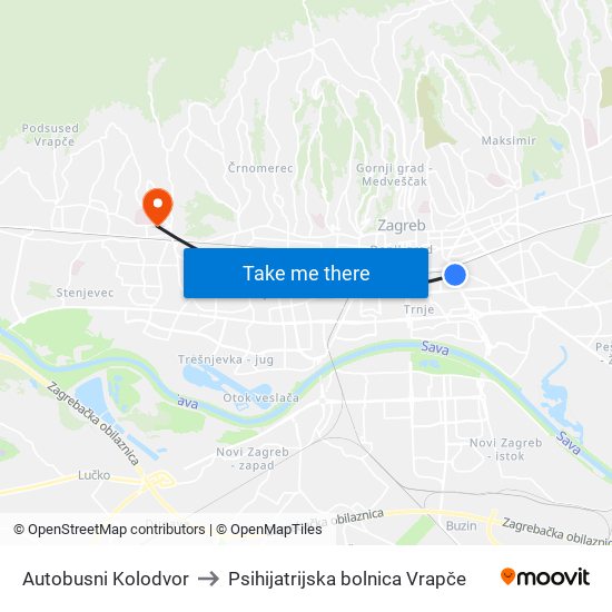 Autobusni Kolodvor to Psihijatrijska bolnica Vrapče map