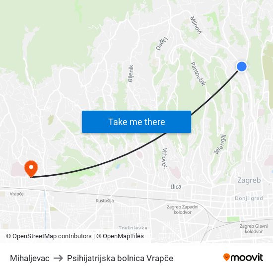 Mihaljevac to Psihijatrijska bolnica Vrapče map