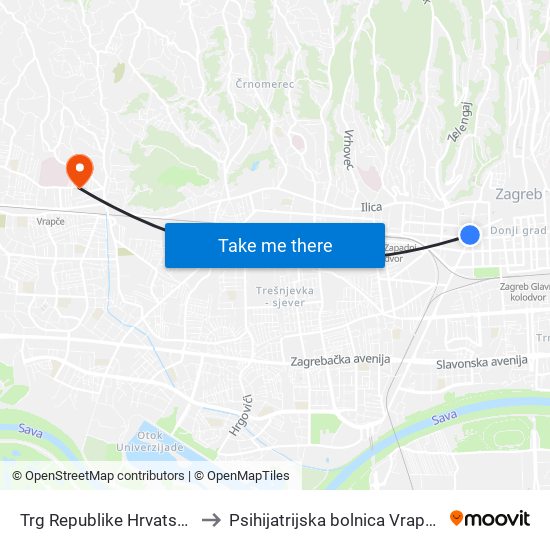 Trg Republike Hrvatske to Psihijatrijska bolnica Vrapče map