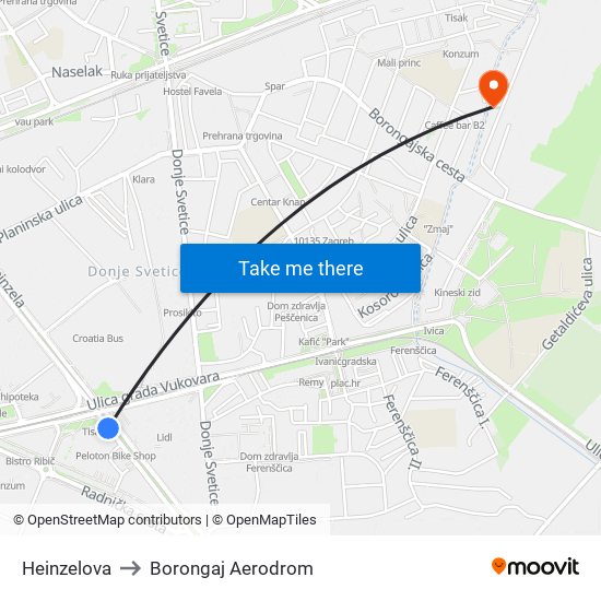 Heinzelova to Borongaj Aerodrom map