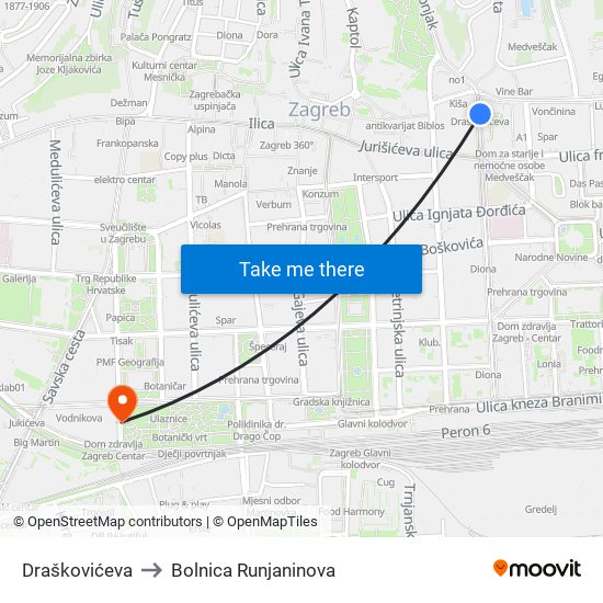 Draškovićeva to Bolnica Runjaninova map