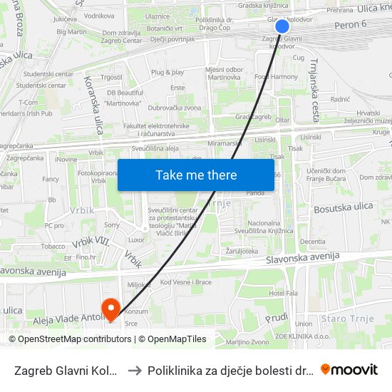 Zagreb Glavni Kolodvor to Poliklinika za dječje bolesti dr. Sabol map