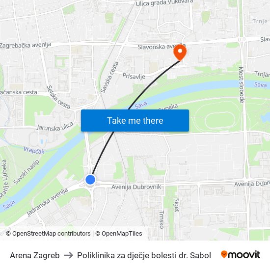 Arena Zagreb to Poliklinika za dječje bolesti dr. Sabol map