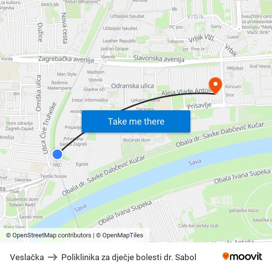 Veslačka to Poliklinika za dječje bolesti dr. Sabol map