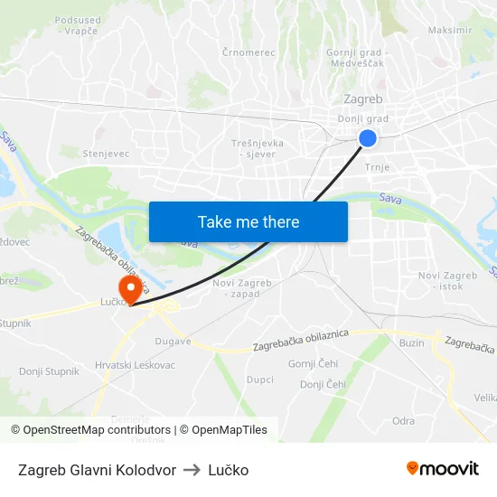 Zagreb Glavni Kolodvor to Lučko map