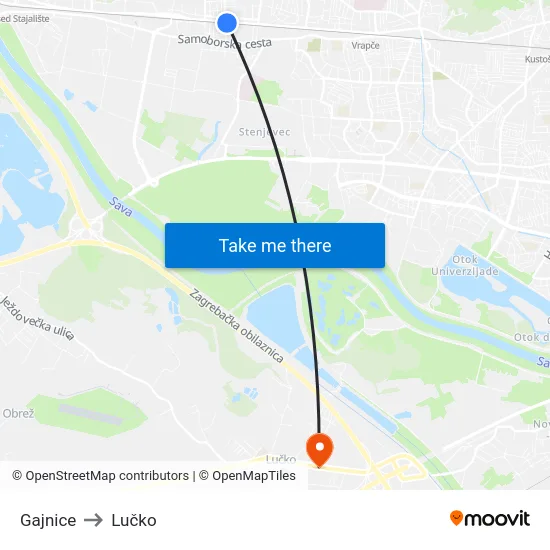 Gajnice to Lučko map