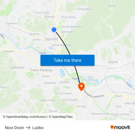 Novi Dvori to Lučko map