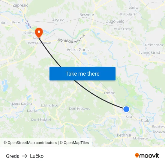 Greda to Lučko map